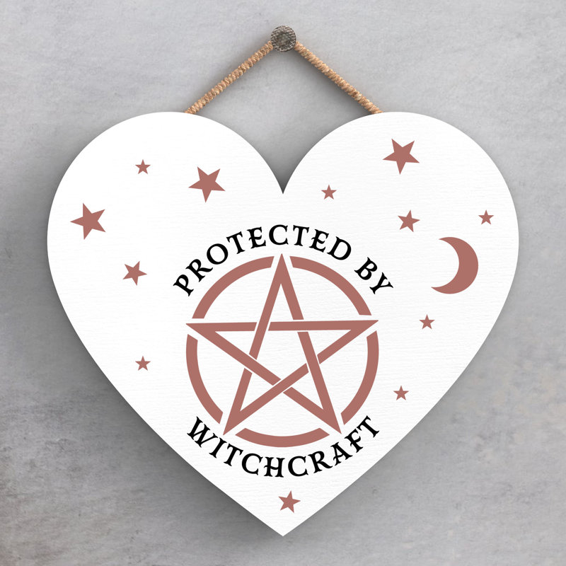 Protected by Witchcraft Wooden Heart Plaque, White, 16cm H x 17cm W x 0.9cm D