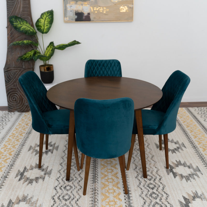 Gerga 4 - Person Solid Wood Round Dining Set with Velvet Upholstered Chairs, Teal