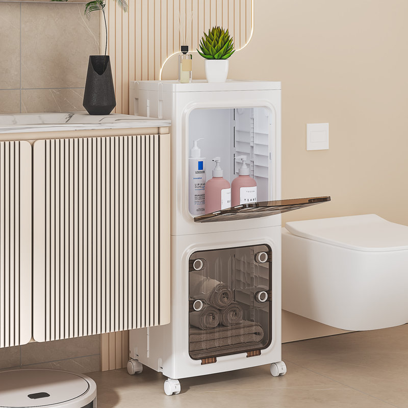 Foldable Vertical Plastic Bathroom Storage Cabinet With Wheels Freestanding Slim Organizer Bins For Small Bathrooms, Laundry, Dorms, And Apartments