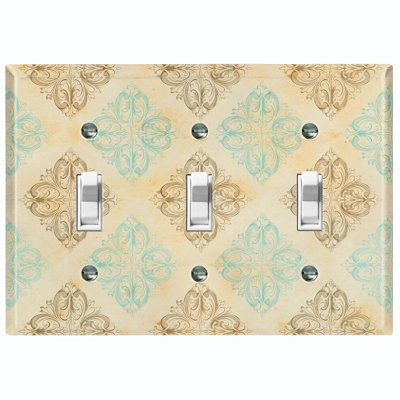 Elegant Damask Beige Crest 3 - Gang Toggle Light Switch Standard Wall Plate