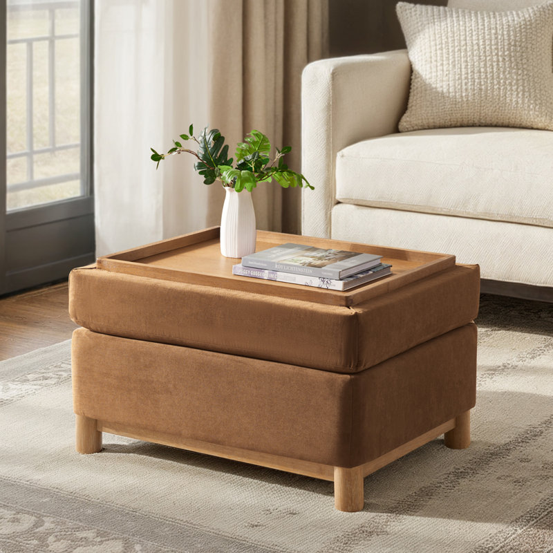 Elan Modern 30.25"W Rectangular Chenille Storage Ottoman with Reversible Flip-Top Coffee Table Tray, Caramel