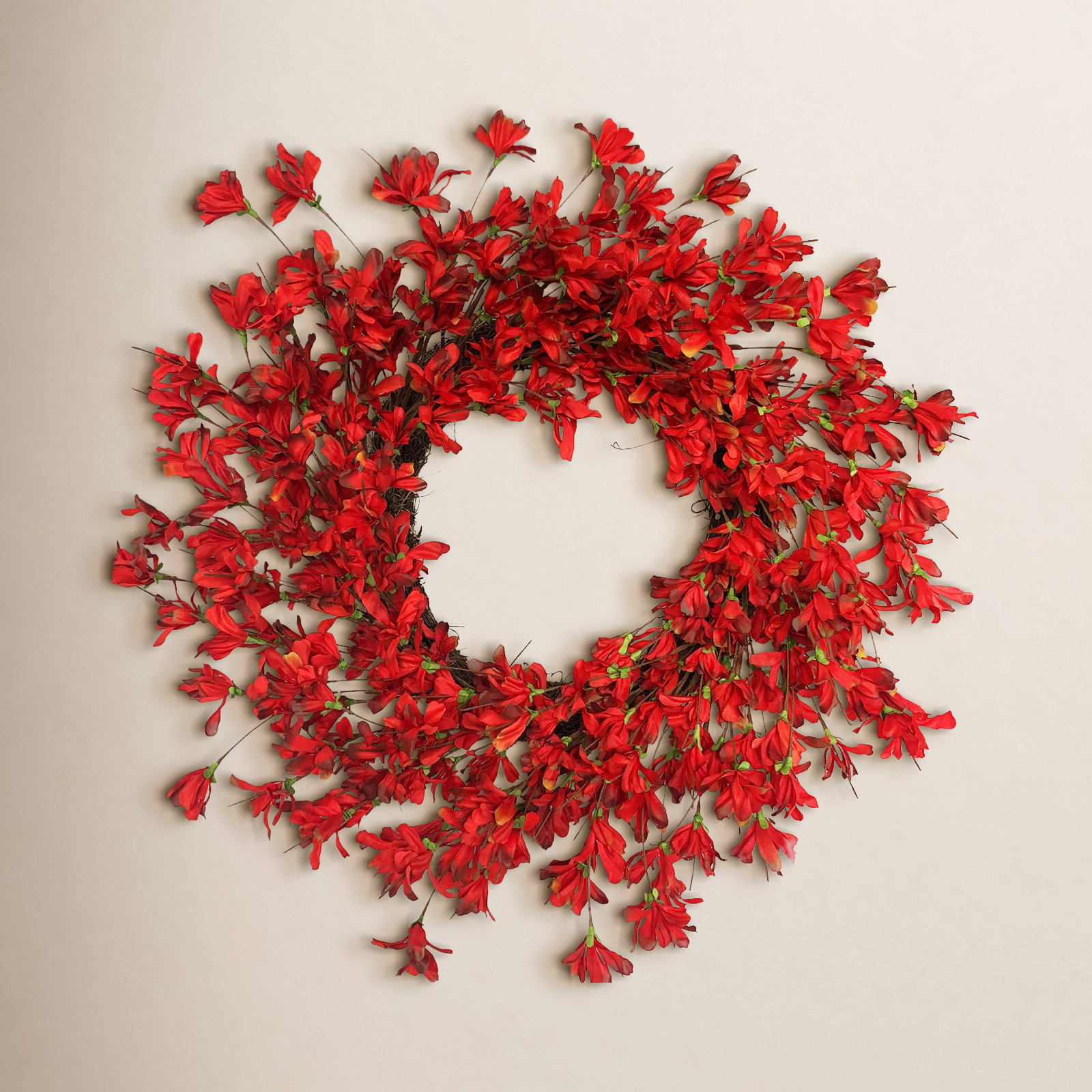 24" Handcrafted Forsythia Everyday Wreath, Red
