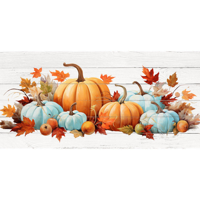«Blue and Orange Pumpkins with Autumn Leaves», art mural sur toile tendue, H 20 po x l 40 po