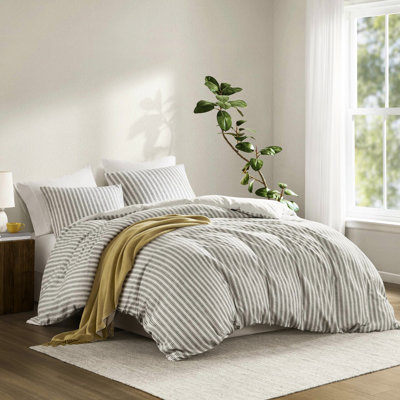 Housse de couette 3 pièces pour très grand lit - Tissu naturel en lin, coton et rayonne, peau douce, utilisation toutes saisons avec mélange de rayonne en lin à motif rayé, attrait sophistiqué, attaches de coin confortables