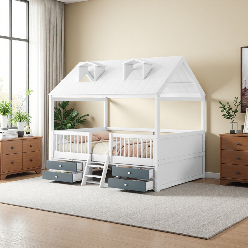 Wood Bed House Bed Frame, Full, White