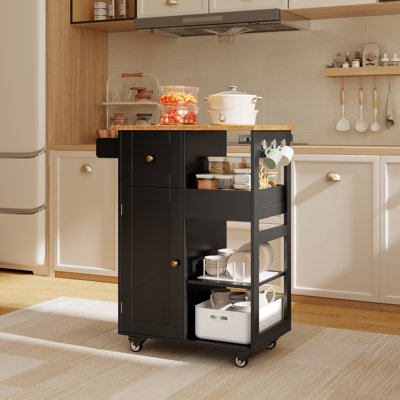 23.6*34.6*15.4 Kitchen Island Kitchen Cart With Three Shelves, One Drawer And One Cabinet, With Universal Pulleys, Equipped With Towel Rack And Side Hooks