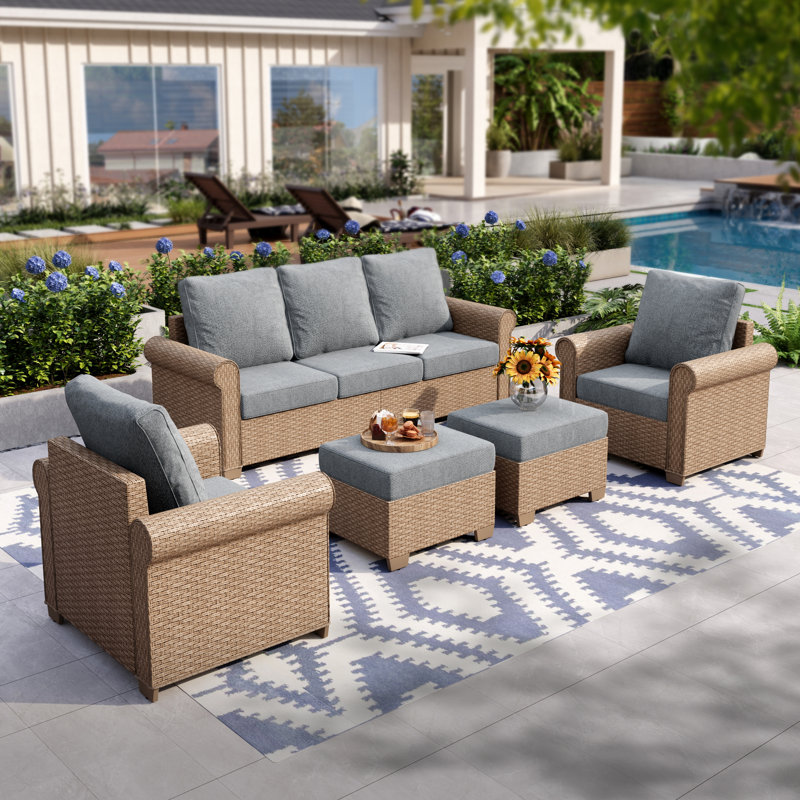 7-Person Outdoor Patio Rattan Sofa With Ottoman, Gray