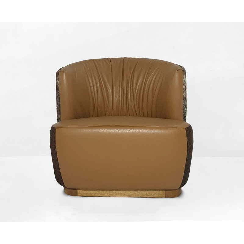 Toshiya Upholstered Swivel Barrel Chair, Brown/White Genuine Leather