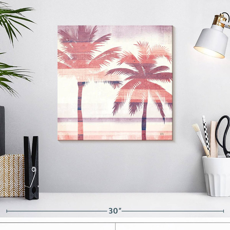Harnek, paysage de plage, palmiers, rose, mauve, H 16 po x l 16 po