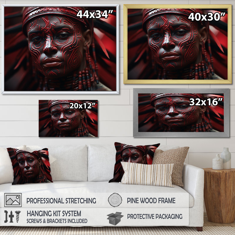 Guerrier aztèque rouge et noir - art mural africain, salon, H 34 po x l 44 po, Toile tendue