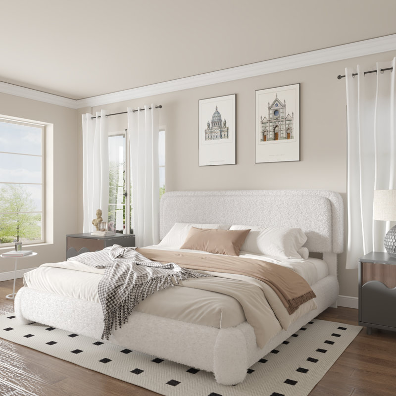 Haden Lambswool Boucle Upholstered Platform Bed Frame with Headboard, White, King