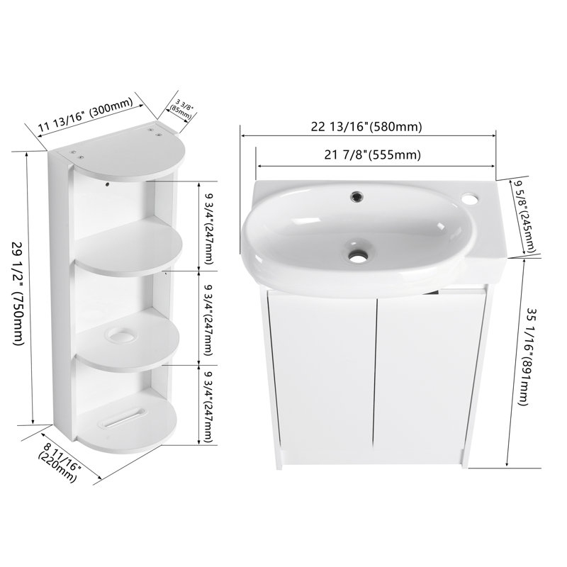  Ensemble de meuble-lavabo sur pied 23 po avec lavabo simple en céramique et support de rangement mural blanc brillant