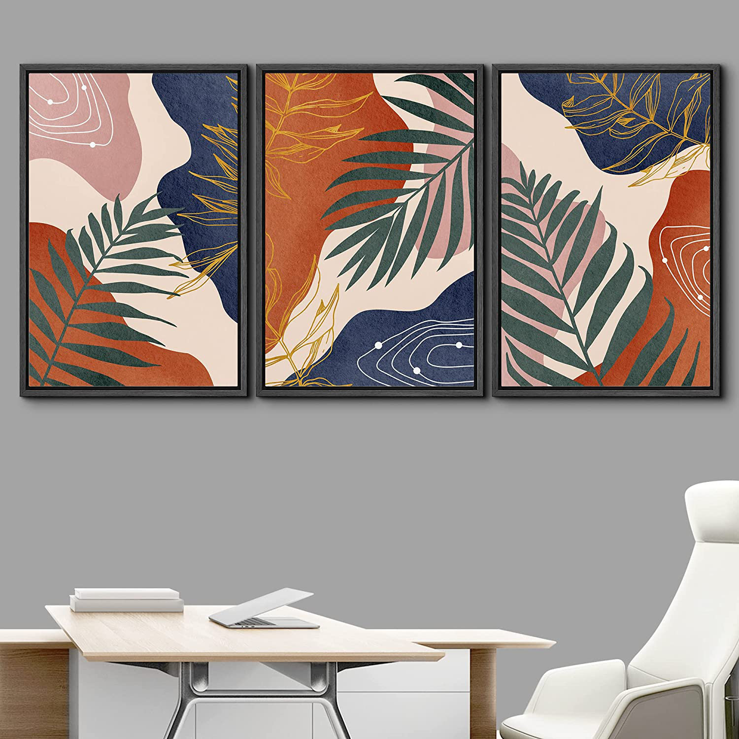 Geometric Mid-Century Pastel Polygon Tropical Leaf Abstract Shapes - 3 Piece Floater Frame Graphic Art Set on Canvas IDEA4WALL Frame Color: Natural, S