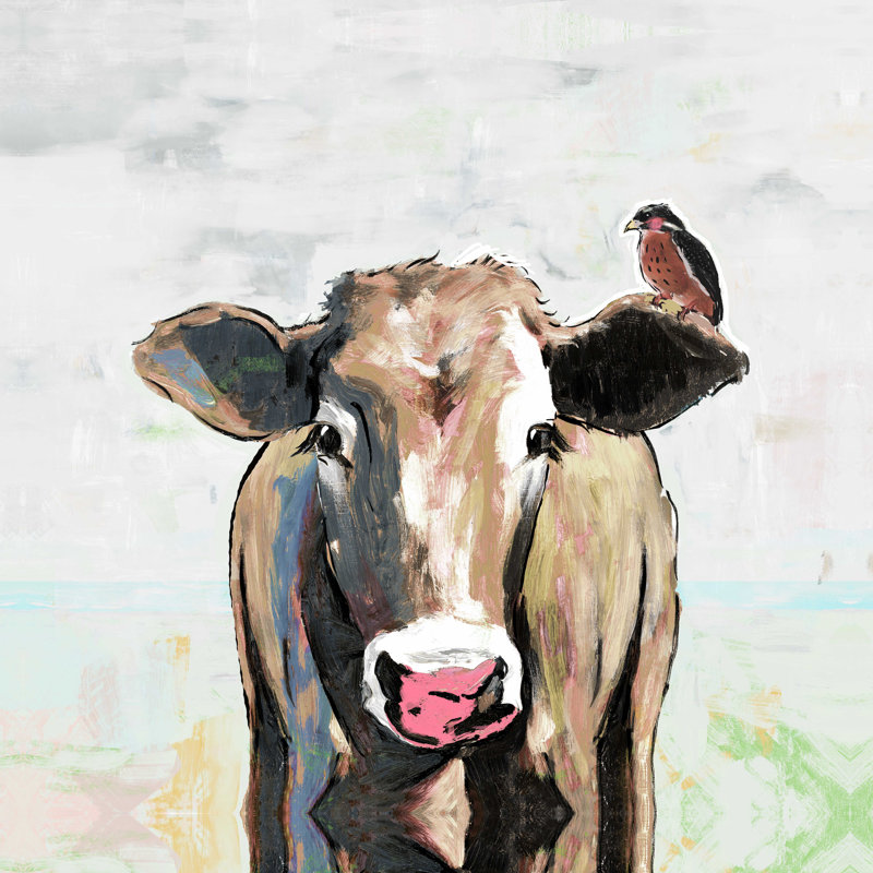Vache painterly et oiseau commun, H 12 po x l 12 po