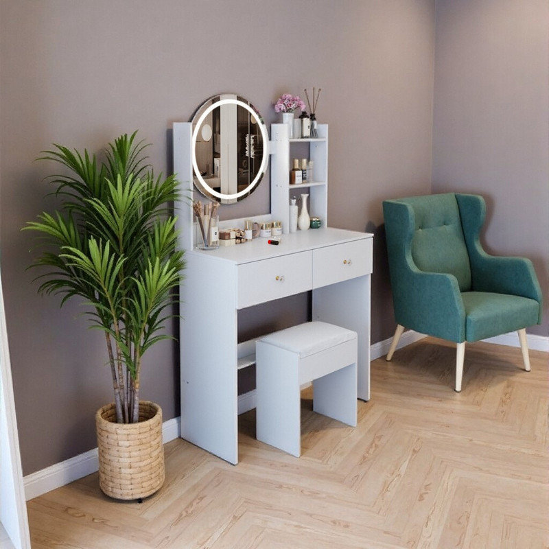 Ensemble de meuble-lavabo à miroir rond 31,5 "avec éclairage réglable, coiffeuse compacte et tabouret pour petits espaces