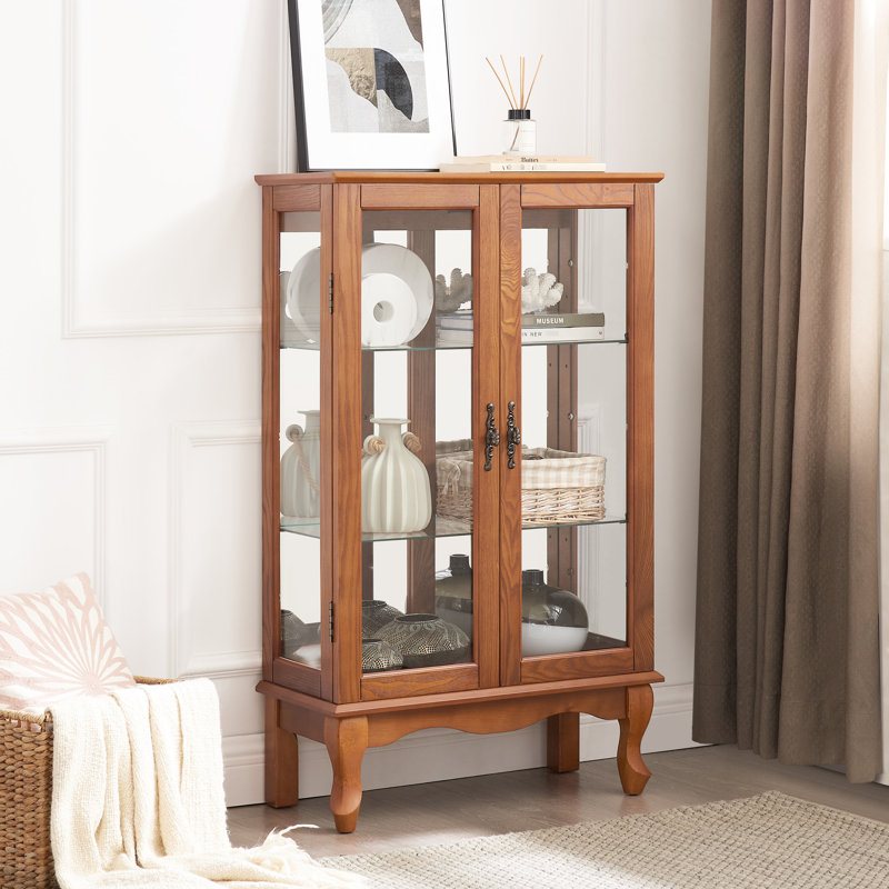 Élégante armoire vitrée avec - portes en verre trempé et chêne spacieux à 2 portes, dossier en miroir, tablettes réglables, éclairage, finition pour l'affichage des timbres