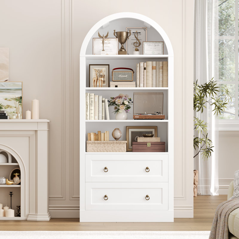 69.7"H Arched Bookcase With 2 Drawers, White