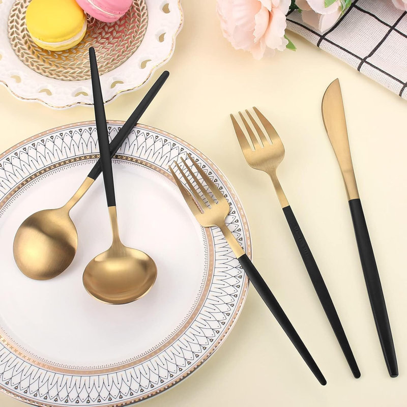 Matte Gold And Silverware Set With Black Handle