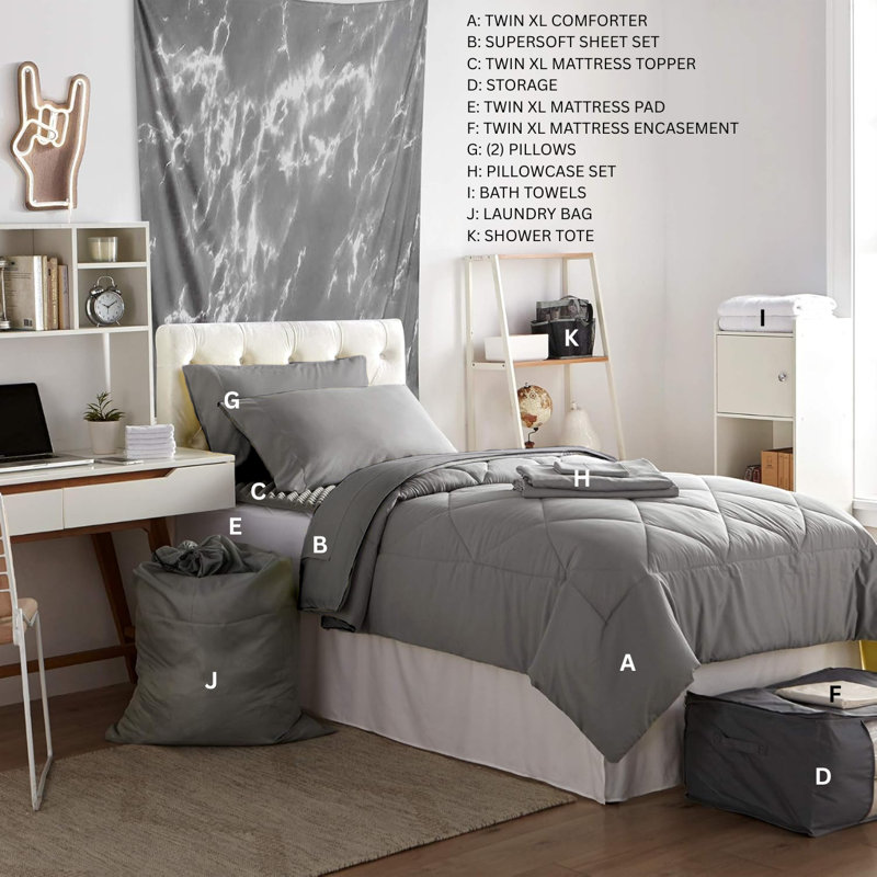 Ensemble de literie DormCo Ultimate College Freshman, Alliage gris / Jaune limette