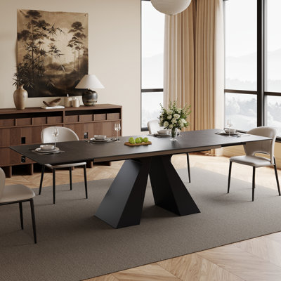 Extendable Dining Table 63"-94.5" For 6-8 People, Modern Sintered Stone Kitchen Table With Pedestal Base, Heat & Scratch Resistant Large Expandable Dining Table