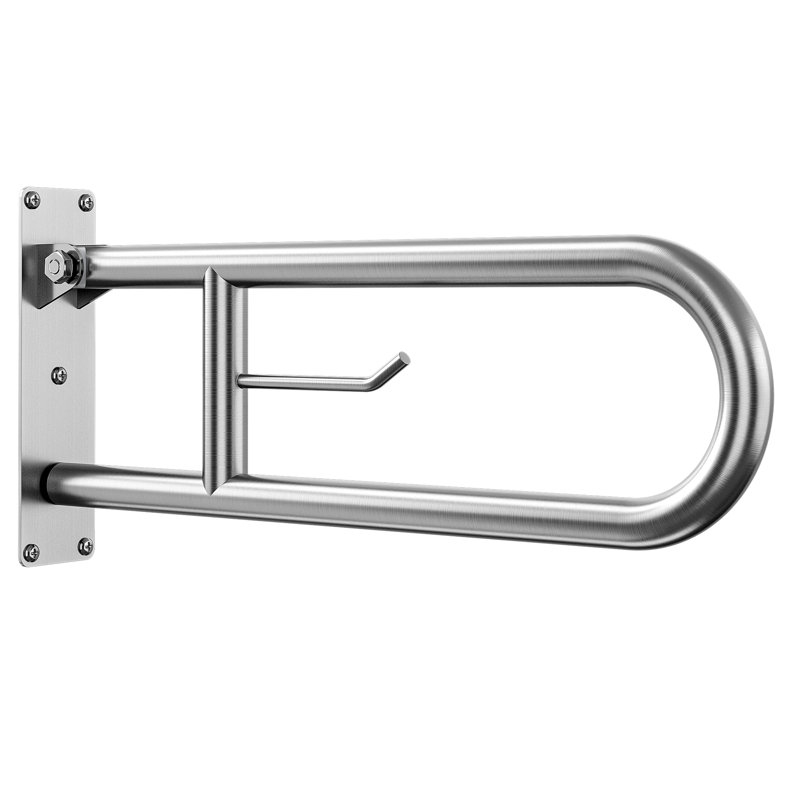 Flip-Up Stainless Steel Bathroom Grab Bar With Toilet Paper Holder Wall Mounted For Elderly Or Disabled Assistance, 23.62"
