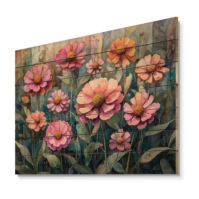 Zinnias Summer Petals In The Breeze II - Zinnias Wood Print - On Natural Pine Wood, 10" H x 20" W x 0.78" D
