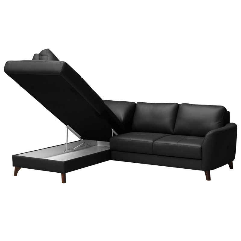 Canapé d'angle en cuir avec fonction de sommeil et rangement, Noir, Orienté vers la gauche