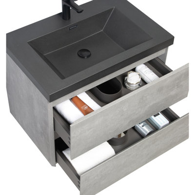 Meuble-lavabo flottant 30 po gris avec cuve à sable en quartz noir et lavabo à fermeture en douceur