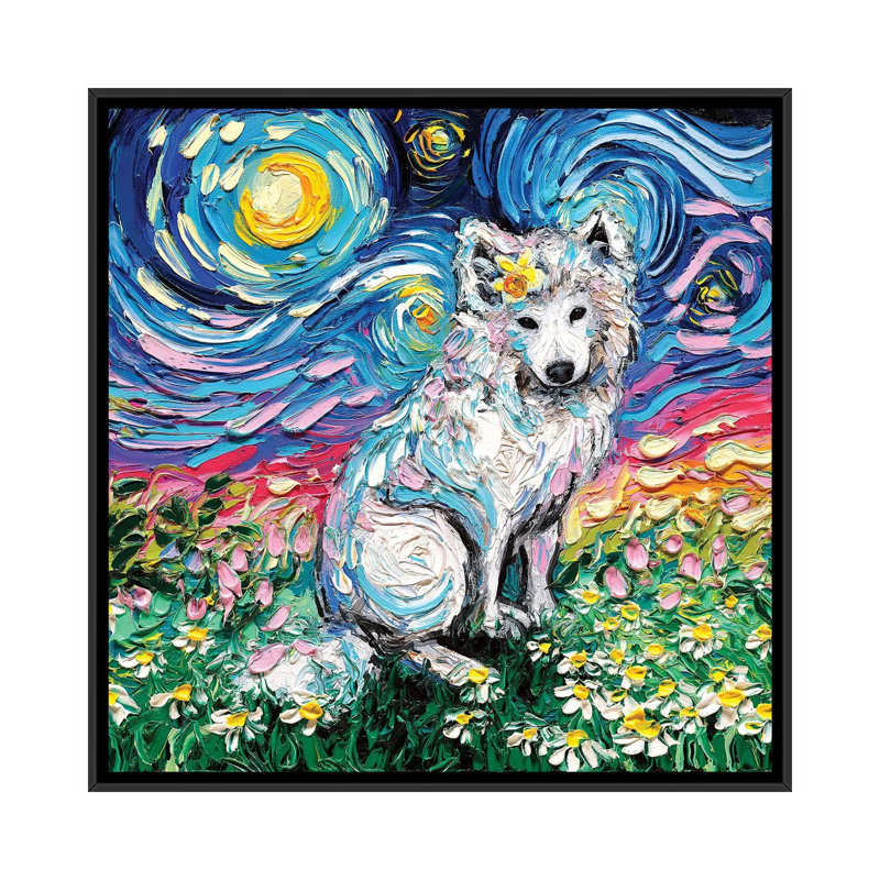 Reproduction d’art « Samoyède II » par aja Trèves, H 37 po x l 37 po x P 1,5 po, Toile avec cadre noir, Pas de tapis