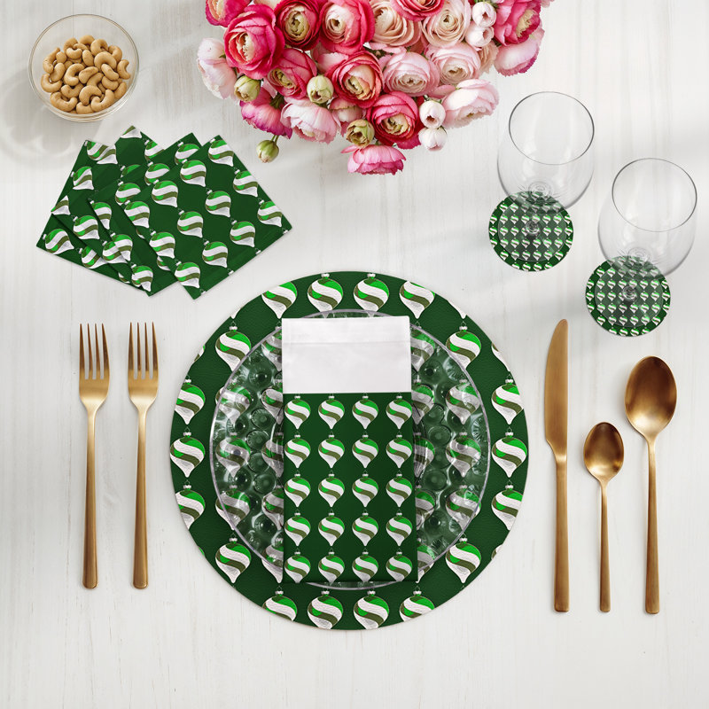 Xmas Ornament Vegan Leather Round Pebble Placemat, Green