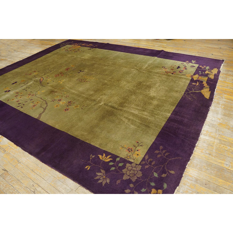 Antique Art Deco Room Size Wool Olive, Purple Rug