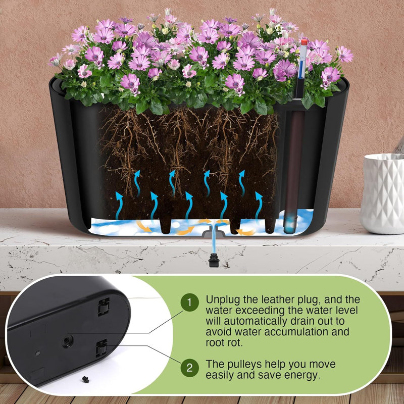 Grand pot à fleurs ovale avec roues et pots à fleurs modernes avec niveau d'eau et seau amovible pour patio, jardin, fenêtre