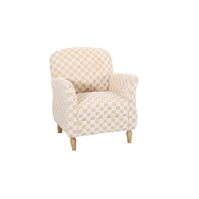 Fauteuil une place en velours côtelé beige à damier, fauteuil d'appoint vintage à carreaux avec pieds fuselés en bois massif, fauteuil de détente rembourré en mousse pour la décoration intérieure