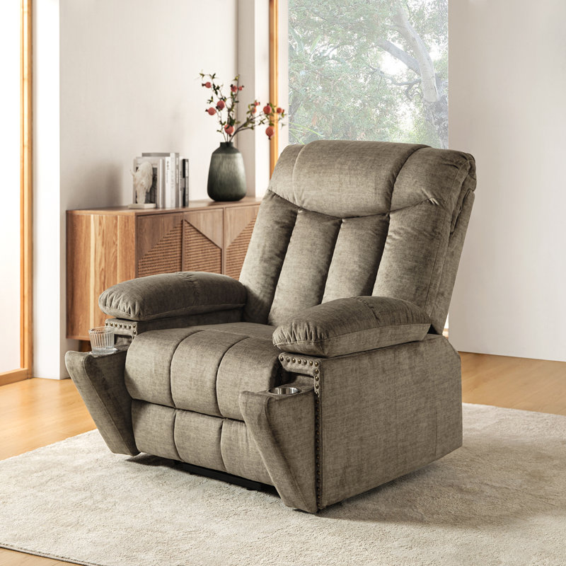 Mechtildis Modern Oversized Lift Assist Heated Massage Power Recliner with Adjustable Headrest, Beige