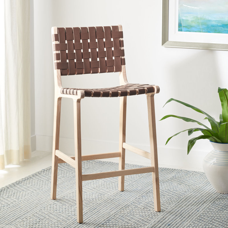 Tabouret Alston, Cuir cognac / cadre naturel sans finition, Tabouret de comptoir (siège d'une hauteur de 27,1