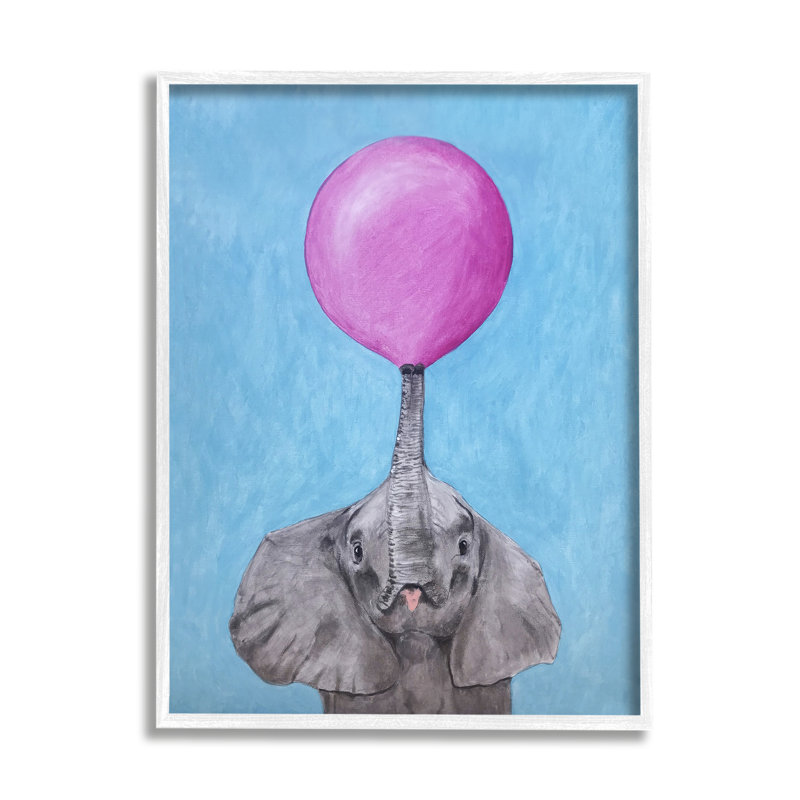 Mignon éléphant soufflant un portrait d'un animal en ballon rose par Coco de Paris - Peinture, H 20 po x l 16 po x P 1,5 po