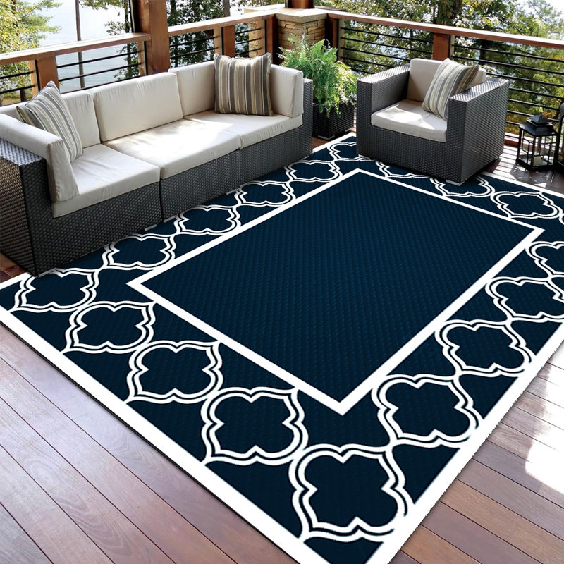 Outdoor Rug, Blue and White Foldable and Reversible Plastic Straw Rug for Camper, Deck, Porch, Picnic, Beach, Balcony