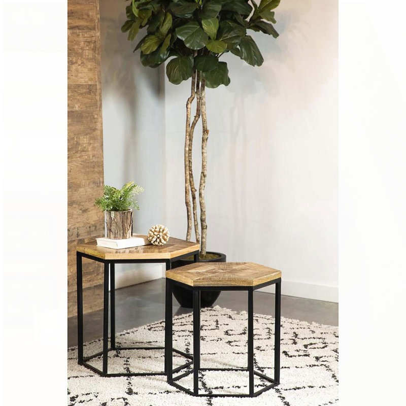 Ensemble de 2 tables gigognes hexagonales en bois de manguier et métal noir