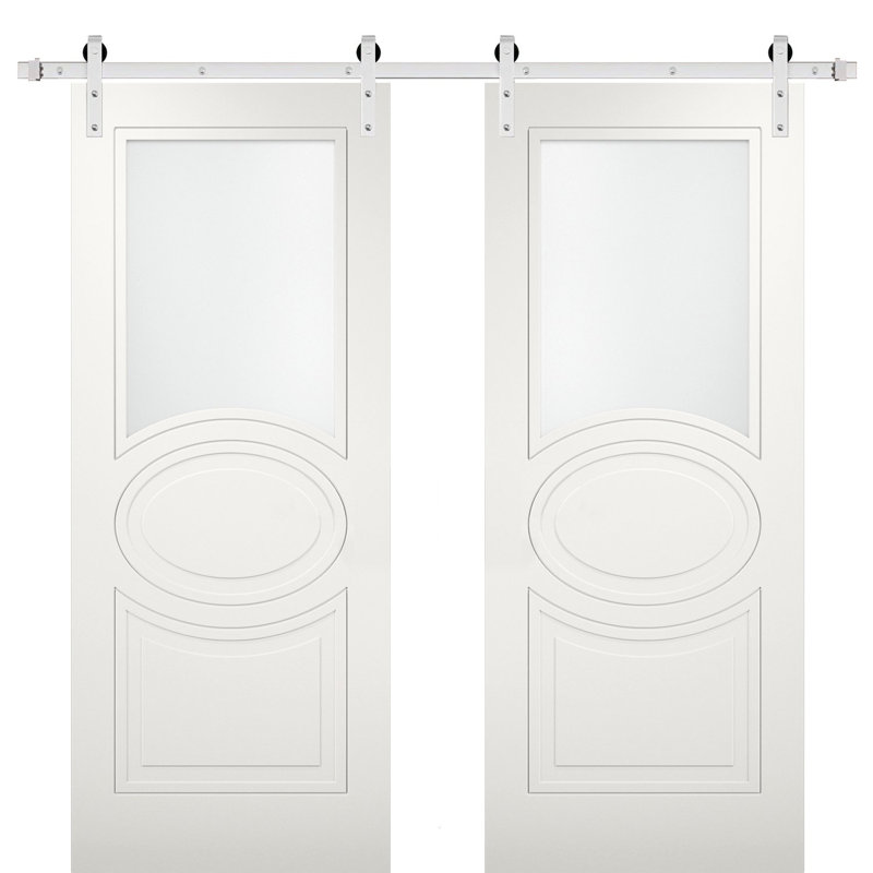 Portes de grange en verre givré blanc Mela avec trousse de quincaillerie d'installation, Argent, H 84 po