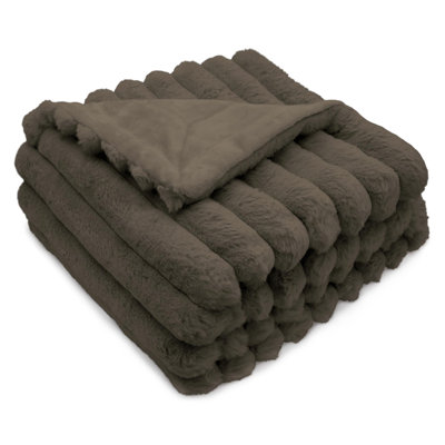 Luxury Reversible Textured Stripe Faux Fur & Velvet Throw Blanket - Cocoa Brown, Throw XL 50" x 70"