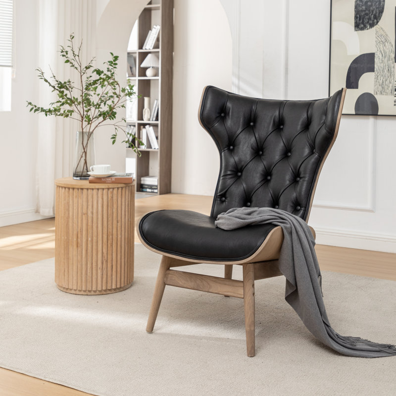 Jeyshan Upholstered Tufted Wingback Chair, Black Faux Leather
