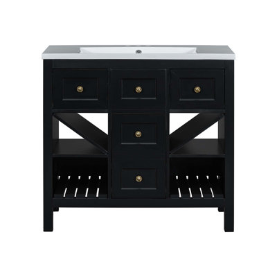 Ensemble de meuble-lavabo 36 po avec lavabo en résine, armoire de rangement en bois massif, ensemble de meuble-lavabo autoportant avec 5 tiroirs et portes à fermeture douce