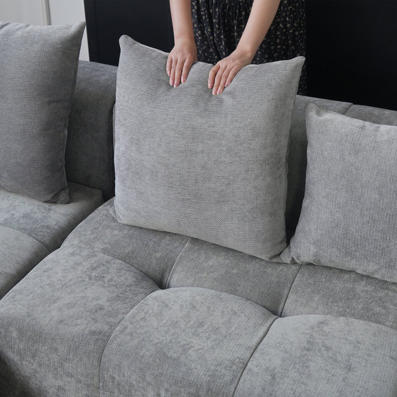 Kay Crumley 6-Piece Upholstered Modern Linen Fabric Sectional Sofa With Ottoman, Gray
