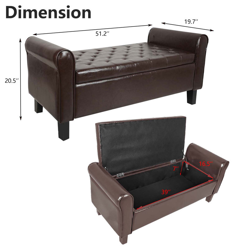 Upholstered Storage Bench End of Bed, Brown, Faux Leather