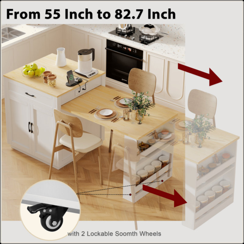 82.7 Inch Kitchen Island With Extendable Dining Table For 4-6 Person,Two-Tone Kitchen Table With Double-Sized Storage, Power Outlet, Kitchen Island With Storage 2 Drawers 2 Side Open Shelves