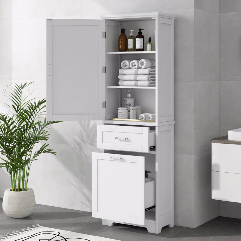 Tall Bathroom Storage Cabinet, Freestanding Storage Cabinet With Two Different Size Drawers And Adjustable Shelves, MDF Board With Painted Finish