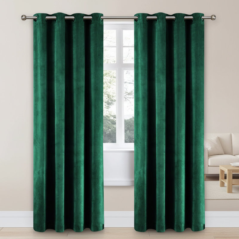 Thermal Velvet Curtains with Eyelet Ring Top - Blackout Crushed Velvet Drapes Pair, Green Emerald, 117cm Width x 137cm Drop