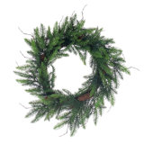 24" Green Green Cedar Pinecone Wreath. Features a grapevine base.