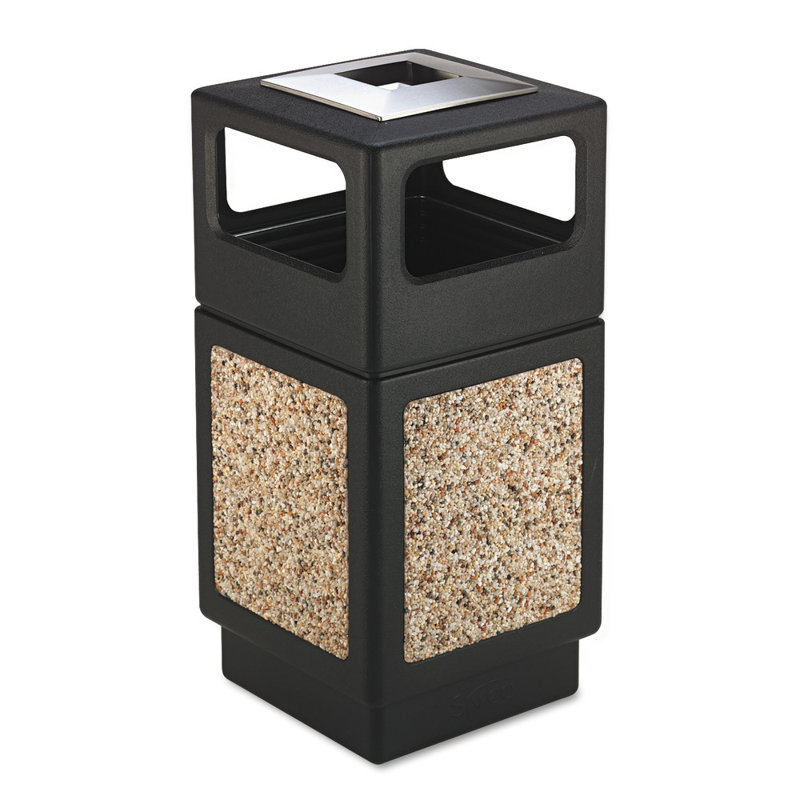 Black Textured Plastic Square Trash Can with Ashtray, 15 Gallon