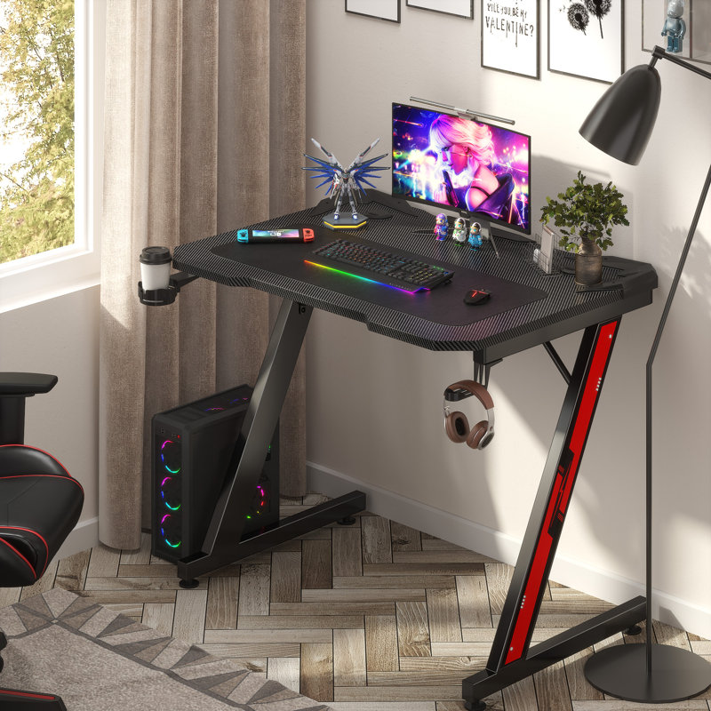 Bureau de jeu en fibre de carbone Heidrick, H 28,5 po x l 31,4 po x P 23,6 po, Noir / noir